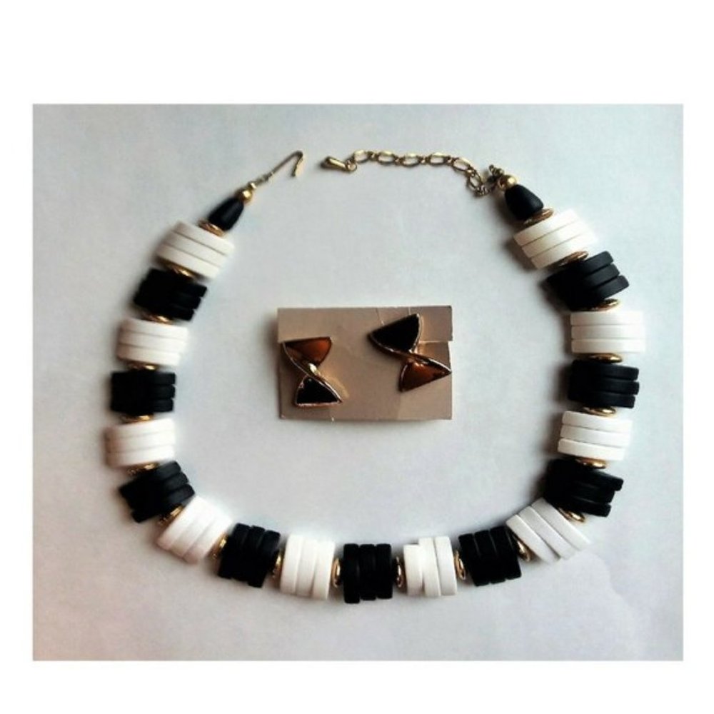 Vintage 1960's Black White & Gold Necklace & Clip Earrings Set Retro Mid-Century